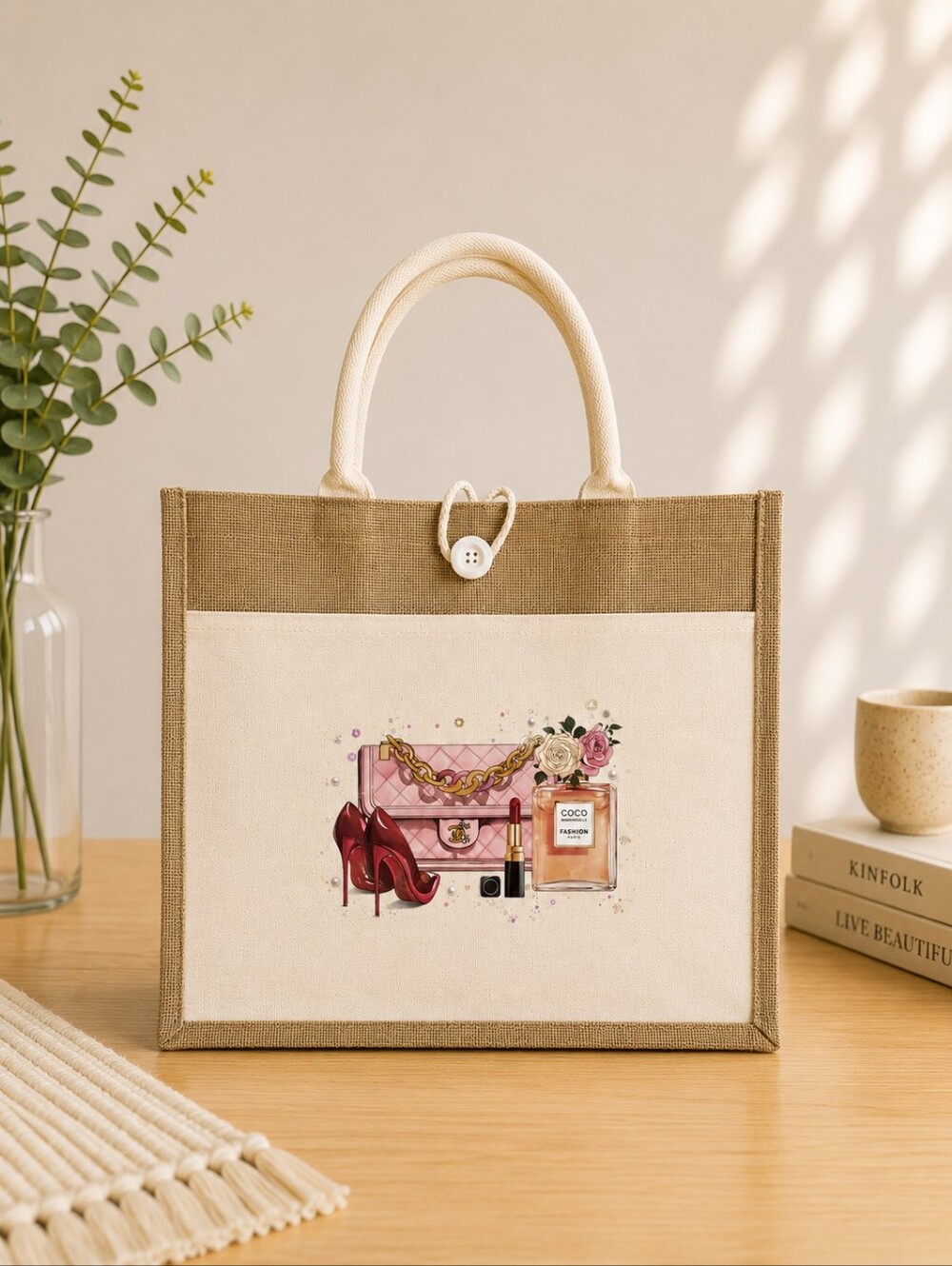 Women’s Pink Fashion Purse Theme Tote Bag – Natural & Cream – NWT